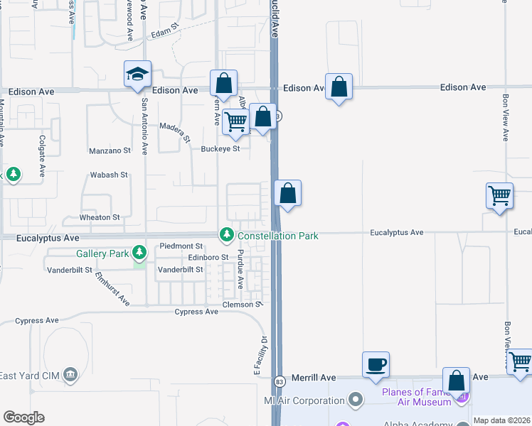 map of restaurants, bars, coffee shops, grocery stores, and more near 14426 Euclid Avenue in Chino