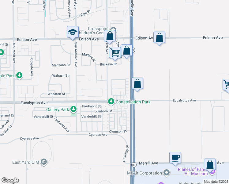 map of restaurants, bars, coffee shops, grocery stores, and more near 6982 Avignon Drive in Chino
