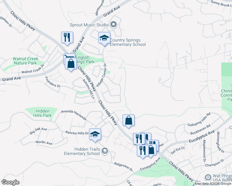 map of restaurants, bars, coffee shops, grocery stores, and more near 14398 Spring Crest Drive in Chino Hills
