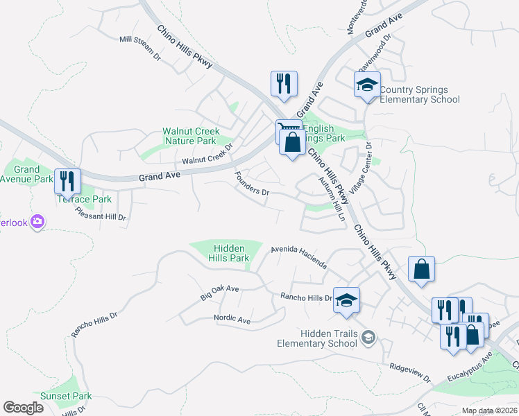 map of restaurants, bars, coffee shops, grocery stores, and more near 2073 Deer Haven Drive in Chino Hills