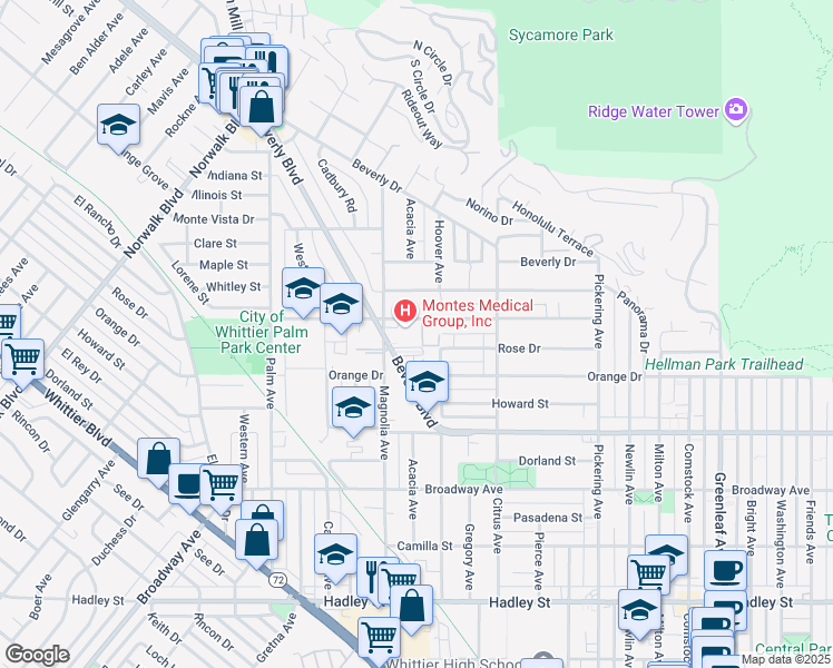 map of restaurants, bars, coffee shops, grocery stores, and more near 11854 Floral Drive in Whittier