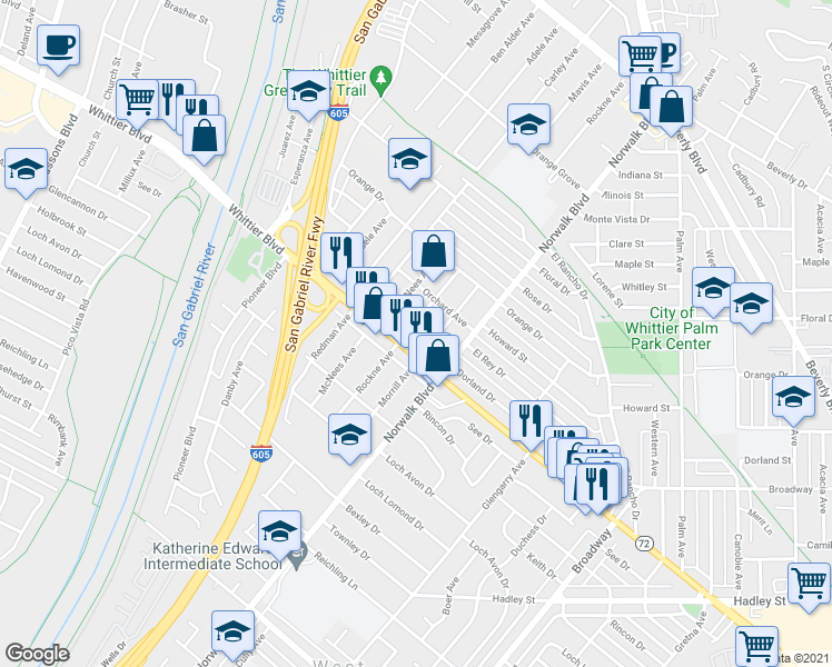 map of restaurants, bars, coffee shops, grocery stores, and more near 5938 Rockne Avenue in Whittier