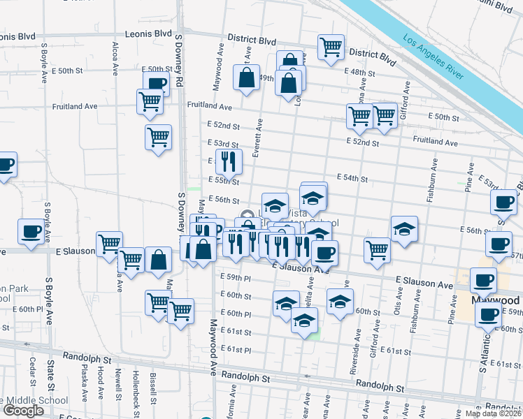 map of restaurants, bars, coffee shops, grocery stores, and more near 3612 East 56th Street in Maywood