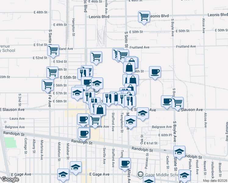map of restaurants, bars, coffee shops, grocery stores, and more near 2753 East 57th Street in Huntington Park