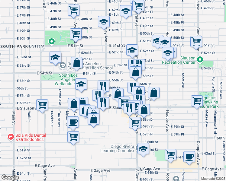 map of restaurants, bars, coffee shops, grocery stores, and more near 927 56th Street in Los Angeles