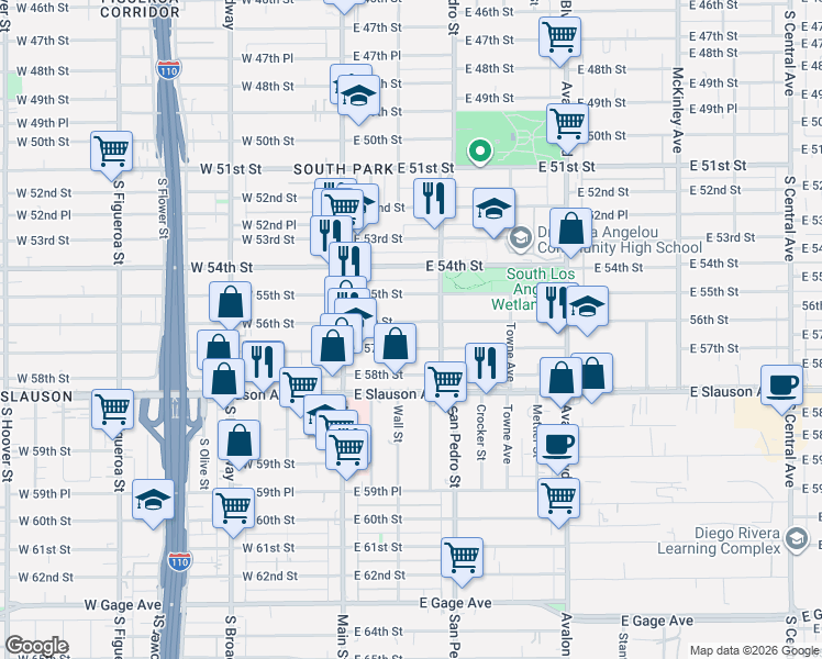 map of restaurants, bars, coffee shops, grocery stores, and more near 152 East 56th Street in Los Angeles
