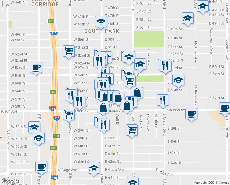 map of restaurants, bars, coffee shops, grocery stores, and more near 152 East 56th Street in Los Angeles