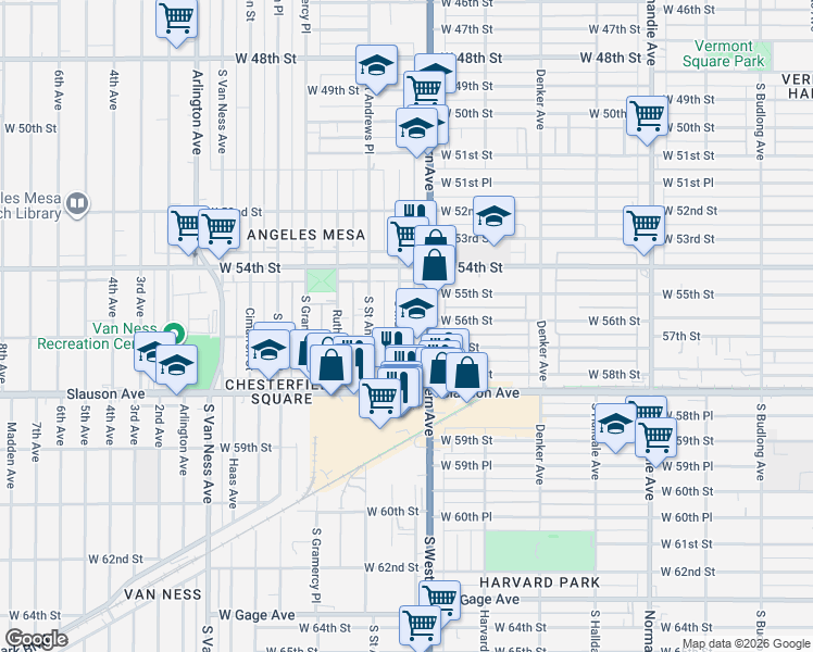 map of restaurants, bars, coffee shops, grocery stores, and more near 5533 South Western Avenue in Los Angeles