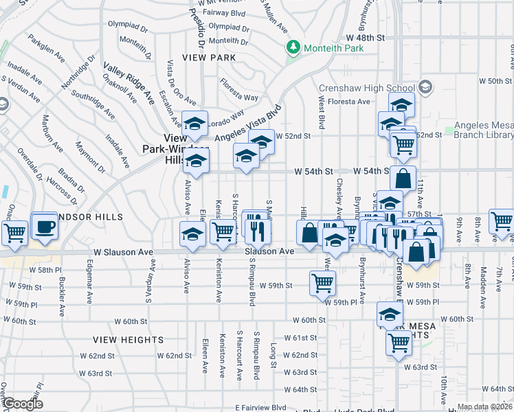 map of restaurants, bars, coffee shops, grocery stores, and more near 5600 South Rimpau Boulevard in View Park-Windsor Hills