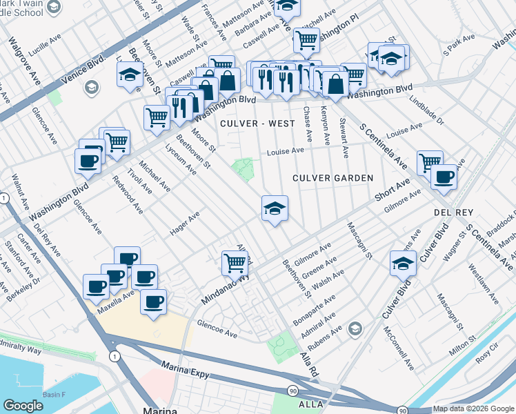 map of restaurants, bars, coffee shops, grocery stores, and more near 4284 Moore Street in Los Angeles