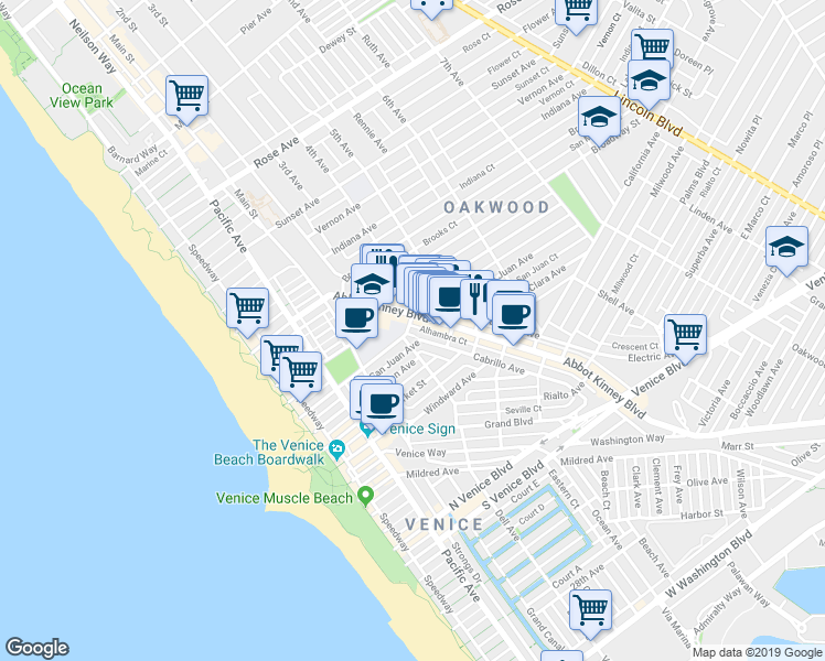 map of restaurants, bars, coffee shops, grocery stores, and more near 1118 Abbot Kinney Boulevard in Los Angeles