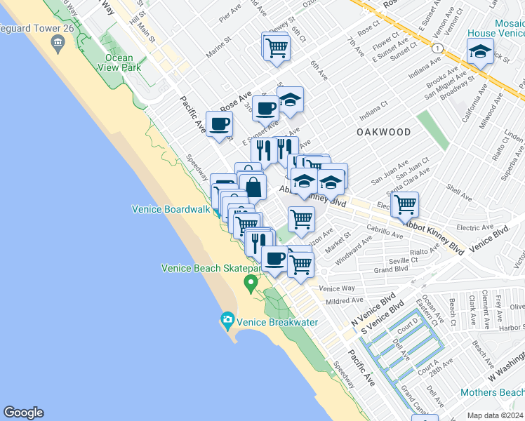 map of restaurants, bars, coffee shops, grocery stores, and more near 115 Breeze Avenue in Los Angeles