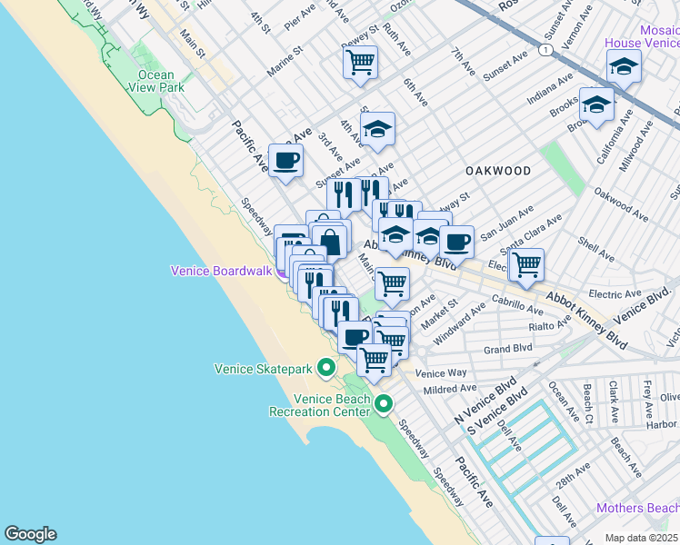 map of restaurants, bars, coffee shops, grocery stores, and more near 115 Breeze Avenue in Los Angeles