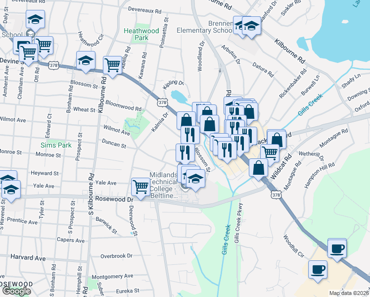 map of restaurants, bars, coffee shops, grocery stores, and more near 511 Beltline Boulevard in Columbia