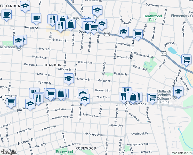 map of restaurants, bars, coffee shops, grocery stores, and more near 213 Ott Road in Columbia