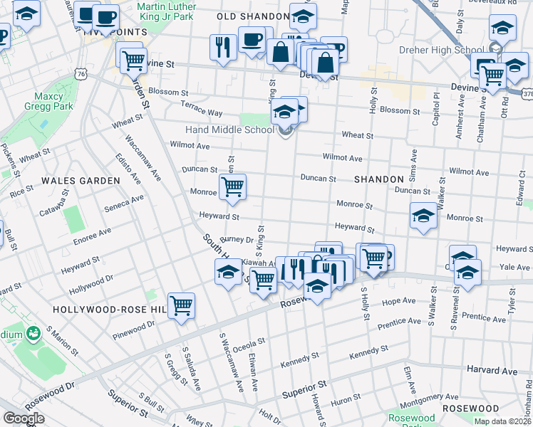 map of restaurants, bars, coffee shops, grocery stores, and more near 114 King Street in Columbia