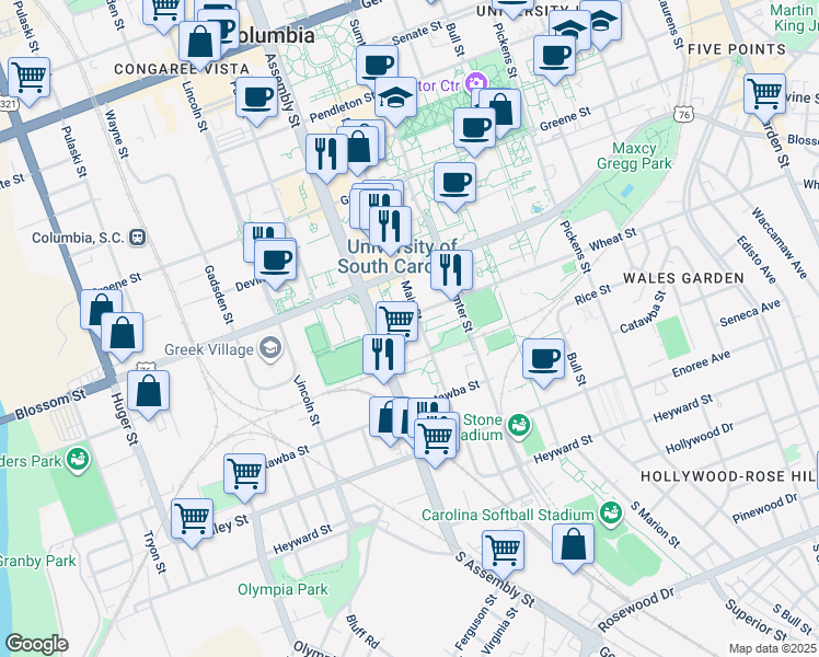 map of restaurants, bars, coffee shops, grocery stores, and more near 1100 Wheat Street in Columbia