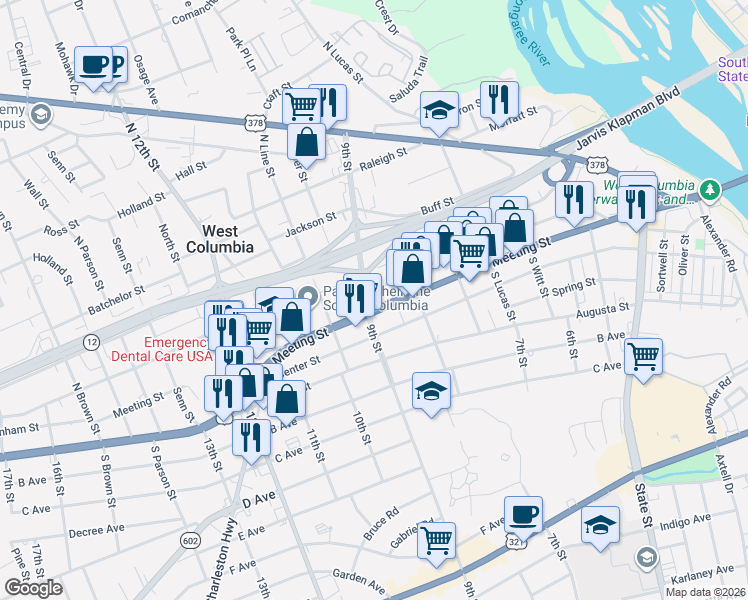 map of restaurants, bars, coffee shops, grocery stores, and more near 840 Meeting Street in West Columbia