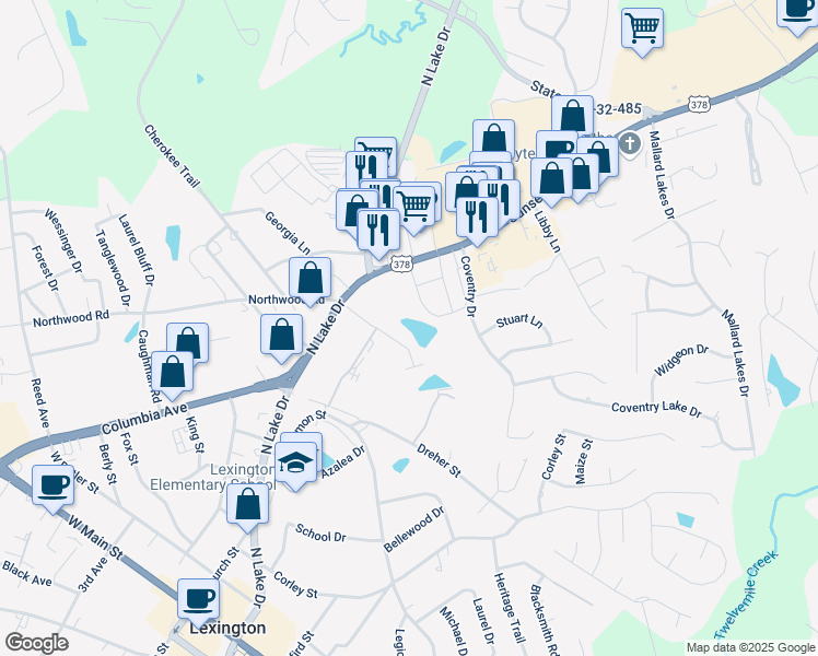 map of restaurants, bars, coffee shops, grocery stores, and more near 305 Abbie Lane in Lexington
