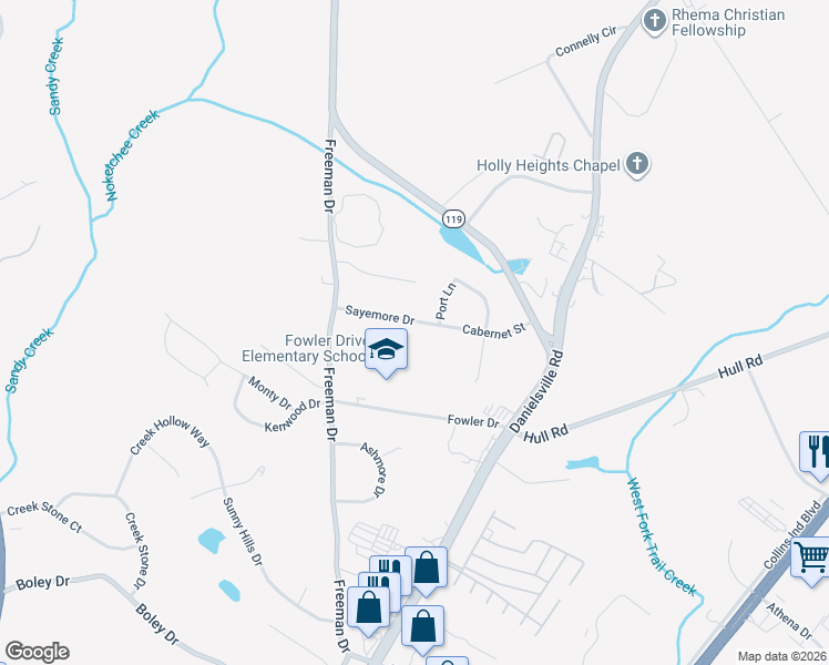 map of restaurants, bars, coffee shops, grocery stores, and more near 180 Sayemore Drive in Athens