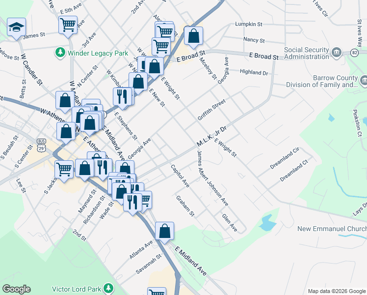 map of restaurants, bars, coffee shops, grocery stores, and more near 136 Martin Luther King Jr Drive in Winder