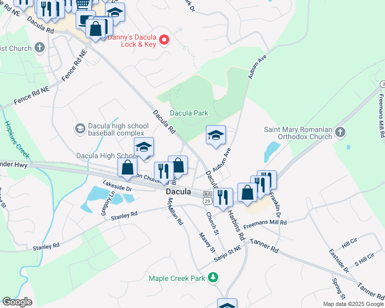 map of restaurants, bars, coffee shops, grocery stores, and more near 164 Dacula Road in Dacula