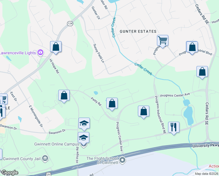 map of restaurants, bars, coffee shops, grocery stores, and more near 834 Petty Road in Lawrenceville