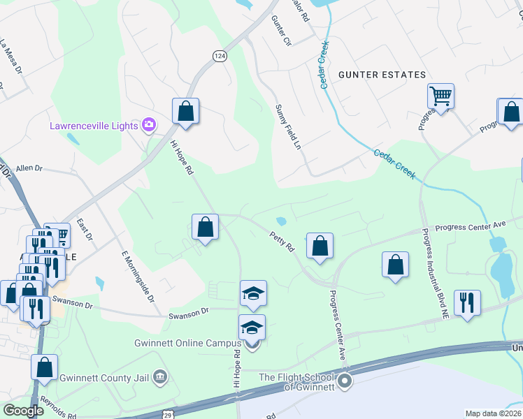 map of restaurants, bars, coffee shops, grocery stores, and more near 900 Petty Road in Lawrenceville