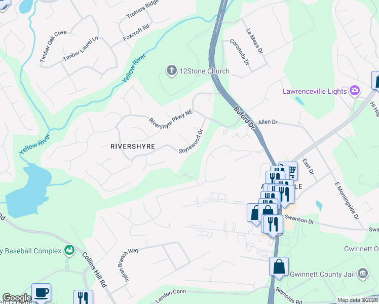 map of restaurants, bars, coffee shops, grocery stores, and more near 420 Shyrewood Drive in Lawrenceville