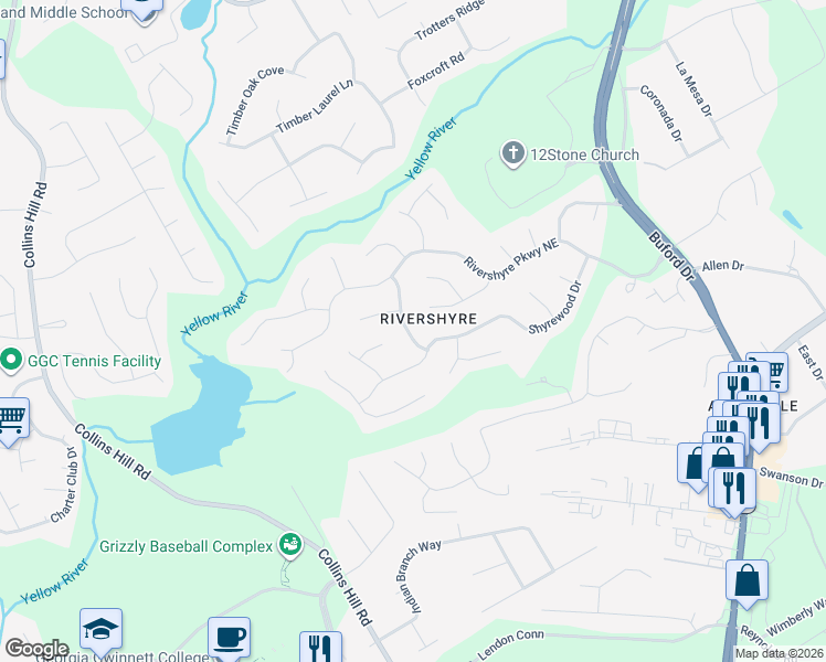 map of restaurants, bars, coffee shops, grocery stores, and more near 211 Larkshyre Trail Northeast in Lawrenceville