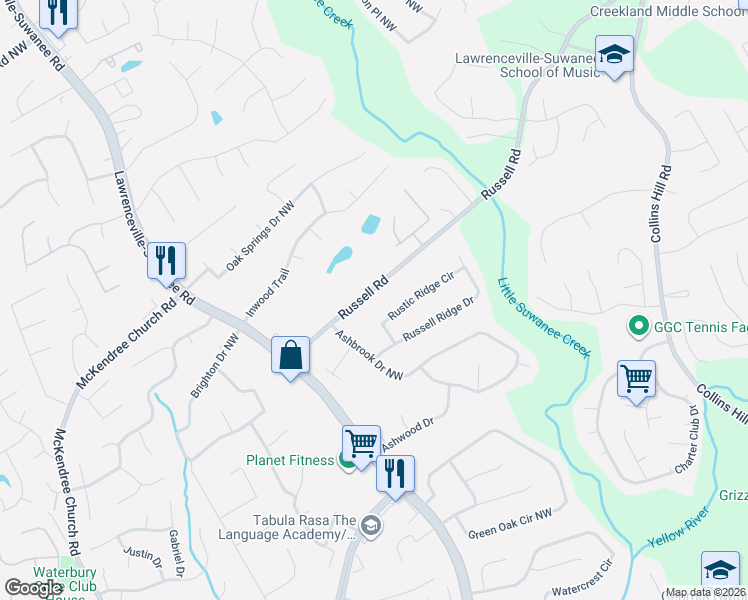 map of restaurants, bars, coffee shops, grocery stores, and more near 448 Russell Road in Lawrenceville