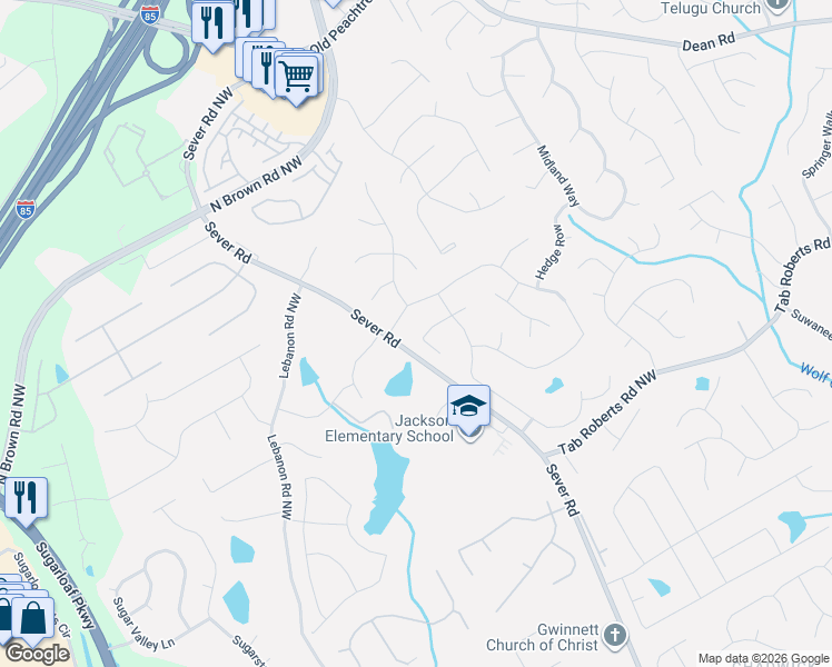 map of restaurants, bars, coffee shops, grocery stores, and more near 2562 Bechers Brook in Lawrenceville
