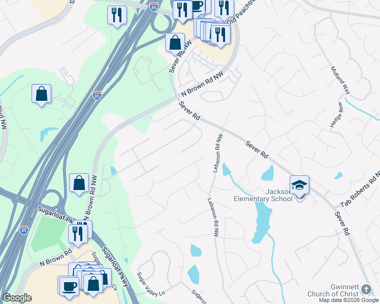 map of restaurants, bars, coffee shops, grocery stores, and more near 2247 Gracehaven Way in Lawrenceville