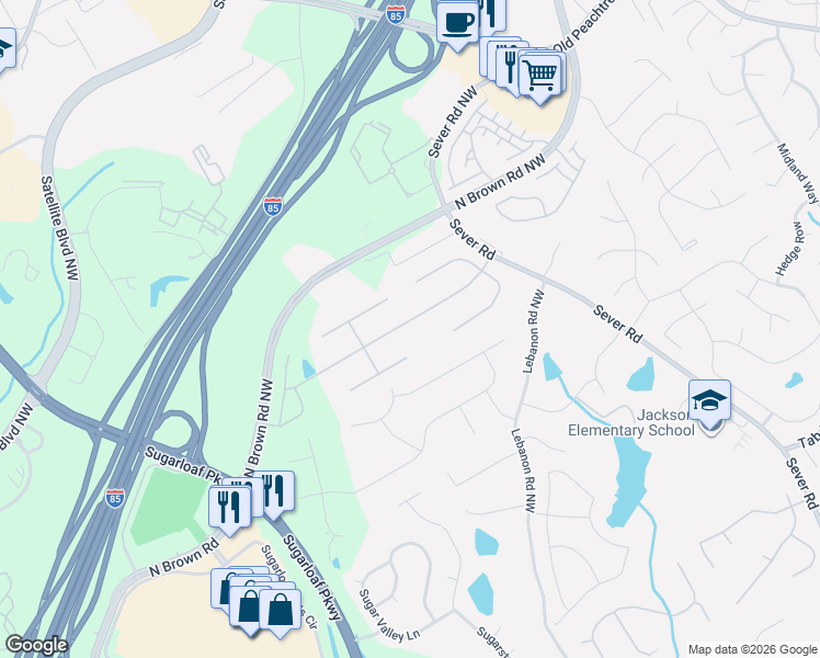 map of restaurants, bars, coffee shops, grocery stores, and more near 1598 Glenhaven Way Northwest in Lawrenceville