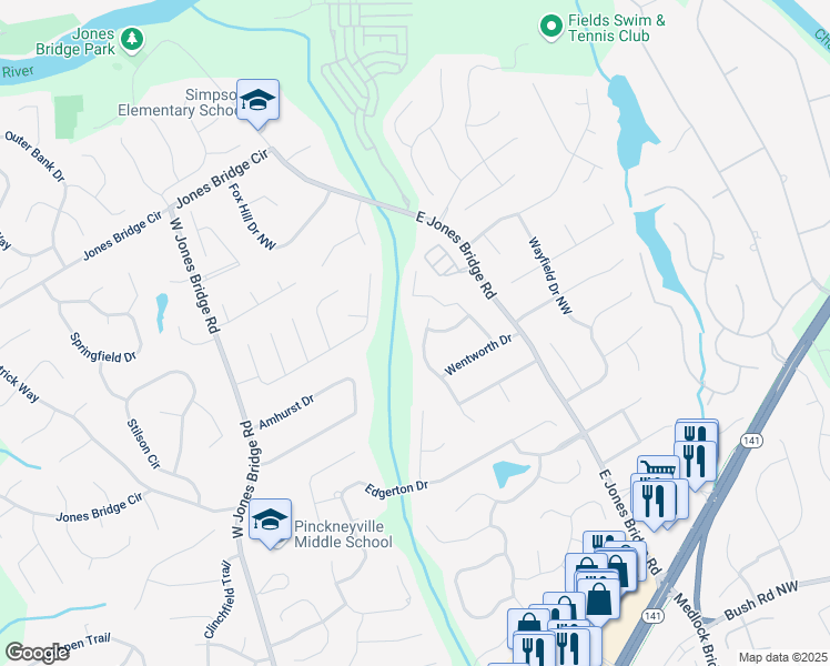map of restaurants, bars, coffee shops, grocery stores, and more near 4268 Millhouse Lane Northwest in Norcross