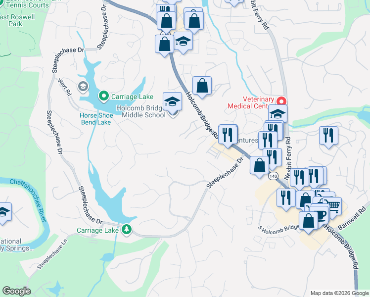 map of restaurants, bars, coffee shops, grocery stores, and more near 2535 Holcomb Springs Drive in Alpharetta