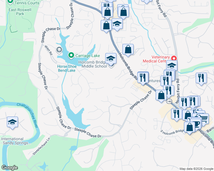 map of restaurants, bars, coffee shops, grocery stores, and more near 710 Wayt Road in Roswell