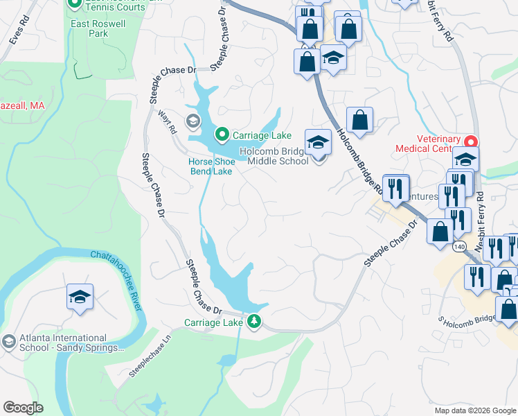 map of restaurants, bars, coffee shops, grocery stores, and more near 105 Morning Bird Court in Roswell