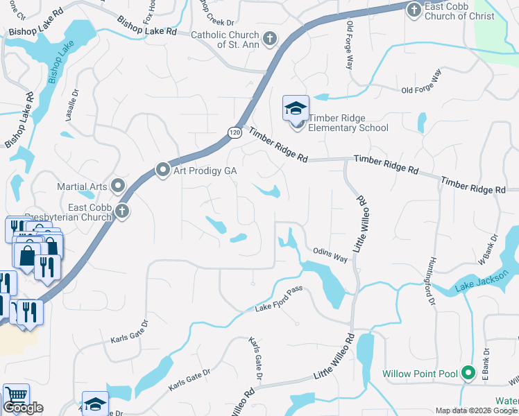 map of restaurants, bars, coffee shops, grocery stores, and more near 4775 Old Timber Ridge Road in Marietta