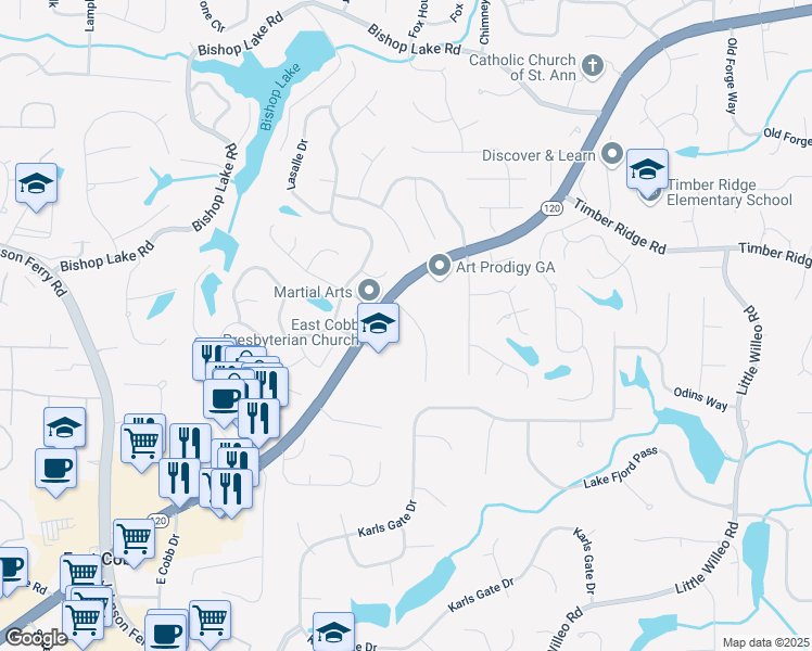 map of restaurants, bars, coffee shops, grocery stores, and more near 1745 Shady Hill Road Northeast in Marietta