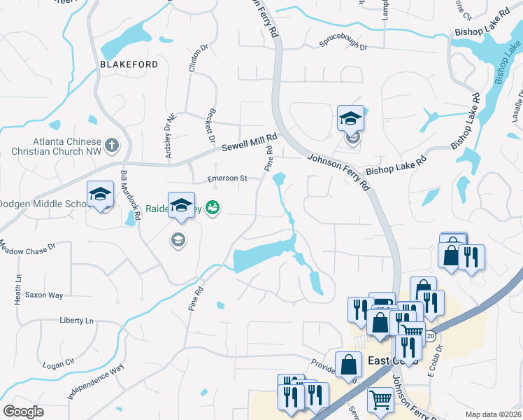 map of restaurants, bars, coffee shops, grocery stores, and more near 3959 Tall Pine Drive in Marietta
