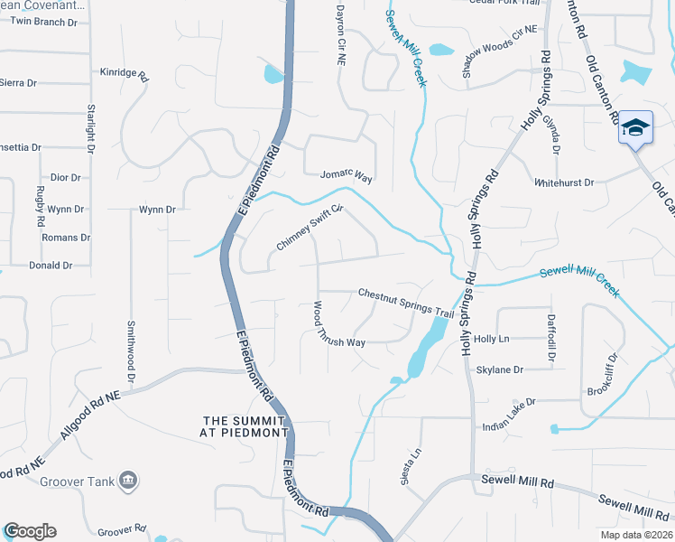 map of restaurants, bars, coffee shops, grocery stores, and more near 2262 Pine Warbler Way in Marietta
