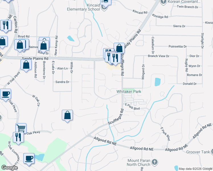 map of restaurants, bars, coffee shops, grocery stores, and more near 1710 Chardin Way in Marietta