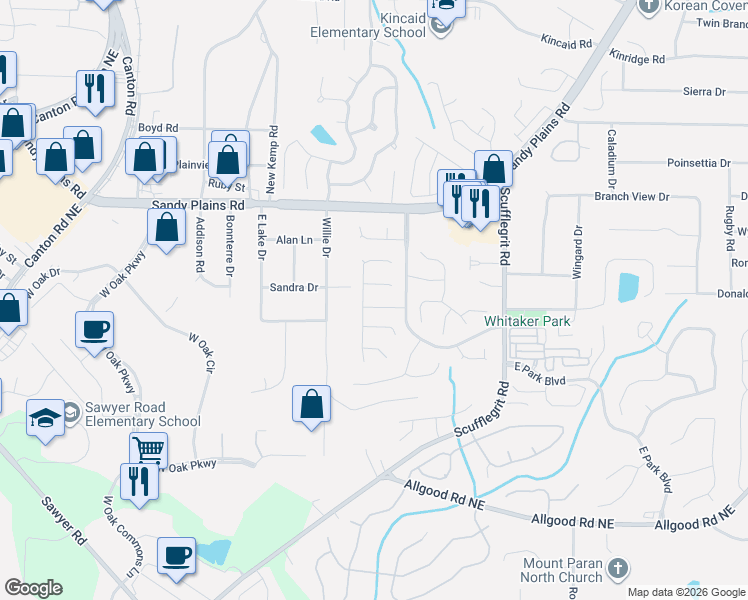 map of restaurants, bars, coffee shops, grocery stores, and more near 1360 Pinebreeze Court in Marietta