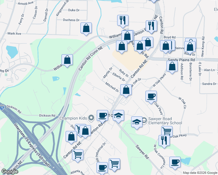 map of restaurants, bars, coffee shops, grocery stores, and more near 715 Mitchell Drive in Marietta