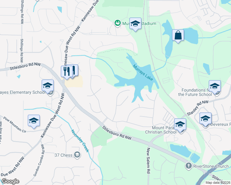map of restaurants, bars, coffee shops, grocery stores, and more near 1455 Falkirk Lane Northwest in Kennesaw