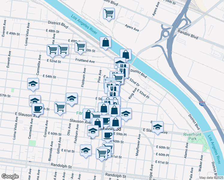 map of restaurants, bars, coffee shops, grocery stores, and more near 5445 South Atlantic Boulevard in Maywood