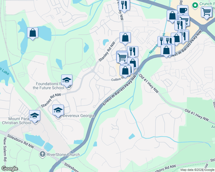map of restaurants, bars, coffee shops, grocery stores, and more near 1539 Rachel's Ridge Northwest in Kennesaw