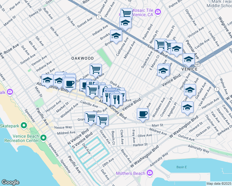 map of restaurants, bars, coffee shops, grocery stores, and more near 1614 Crescent Place in Los Angeles