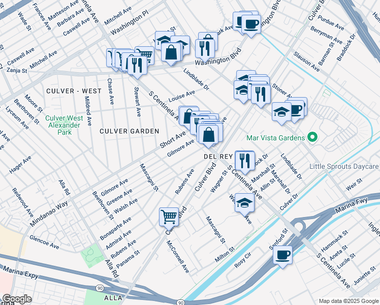map of restaurants, bars, coffee shops, grocery stores, and more near 12441 Greene Avenue in Los Angeles